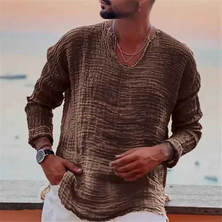 Fashionable mens spring and autumn fashionable young linen casual loose V-neck T-shirt washed with rough edged long sleeved shirt W250425