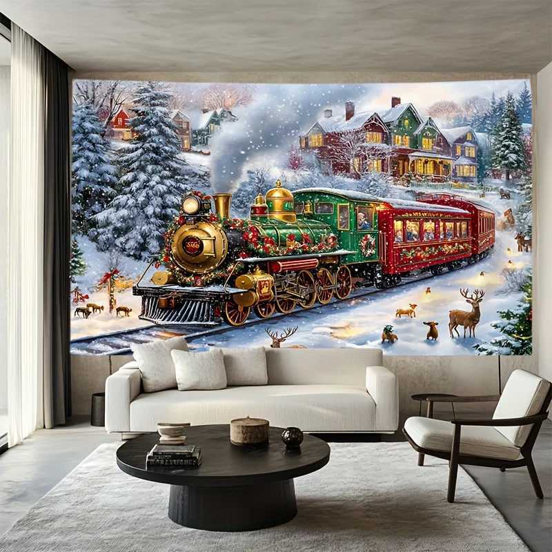 VIKAMA Christmas Snow Scene Train Tapestry Living Room Sofa Backdrop Wall Home Decor Christmas Party Room DecorationM251125