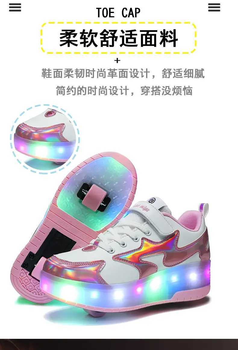 Childrens USB charging roller shoes with glowing sports shoelaces and wheels childrens roller skateboarding shoes W250425