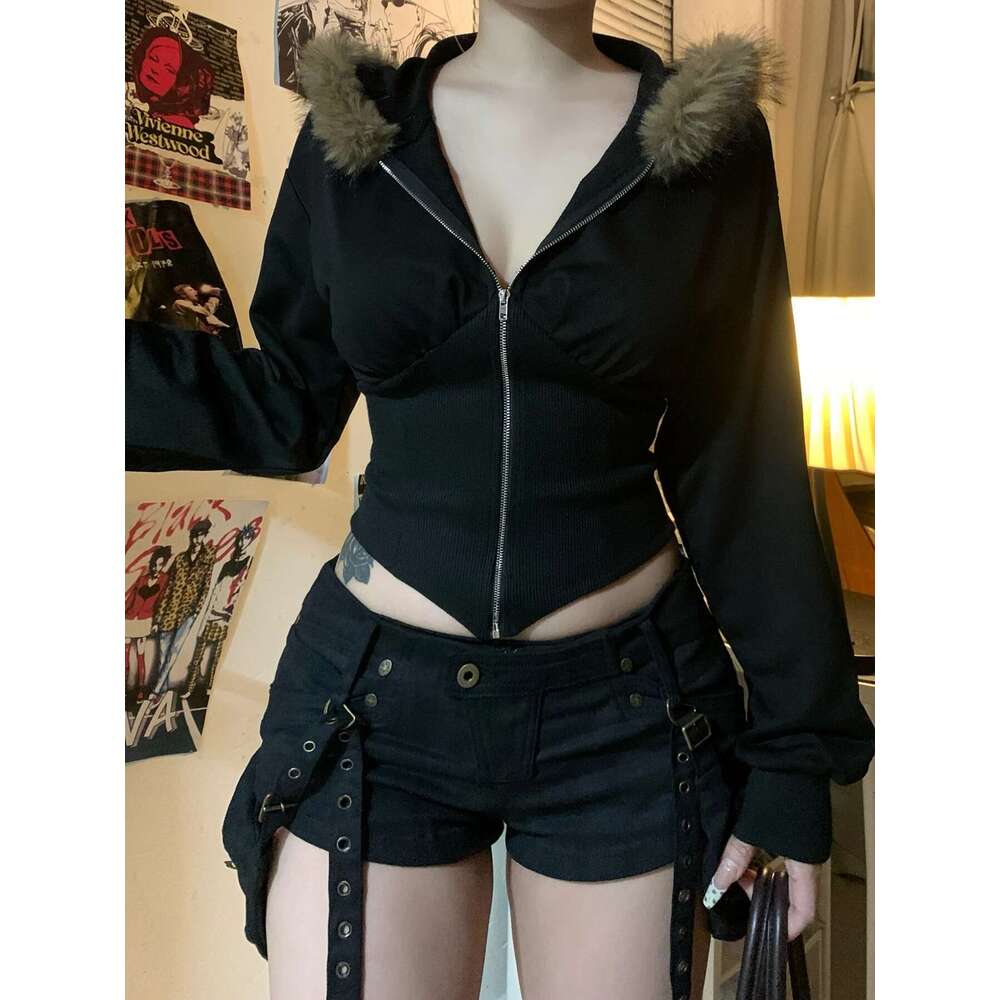 Cuteandpsycho Zip Up Fur Neck Hoodie Coats Fashion Slim Solid Y2k Vintage Women's Jackets Casual Streetwear Chic Basics Clothes