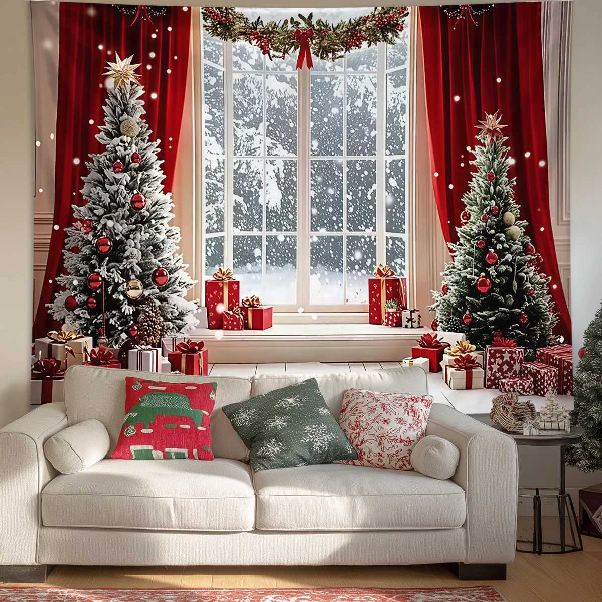 1pc Christmas Photography Background - Dreamy Winter Snow Scene Christmas Tree Tapestry Window and Interior Wall HangingM251125