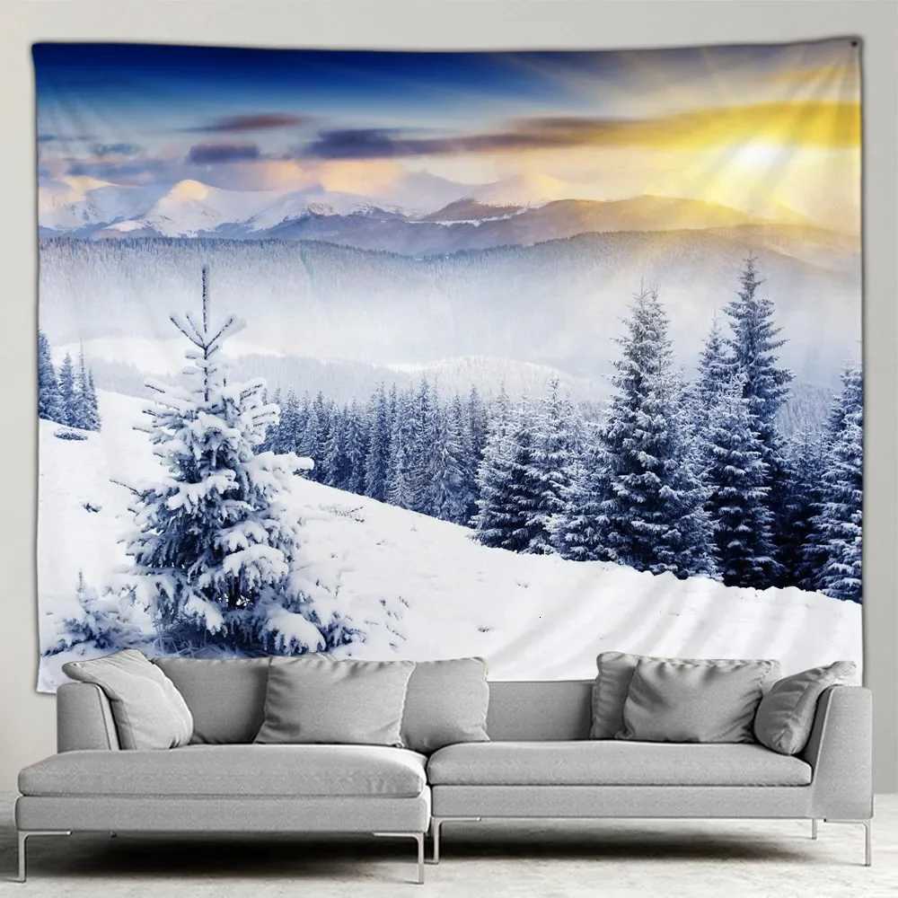 Outdoors Winter Forest Snow Scene Tapestry Wall Hanging Christmas Tree Happy New Year Bedroom Patio Wall Hanging Mural Art DecorM251125