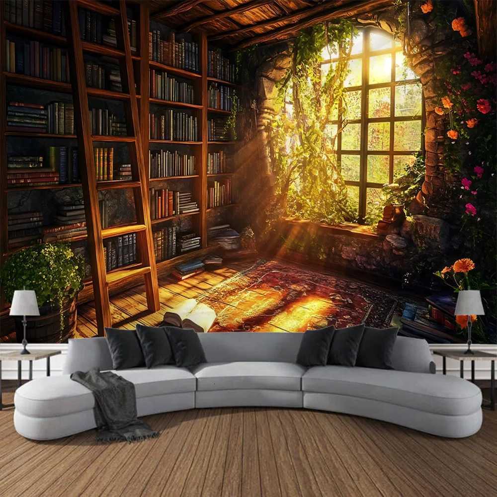 Magic bookshelf wall mounted tapestry library living room background cloth aesthetic bedroom decoration dreamy home decorM251125