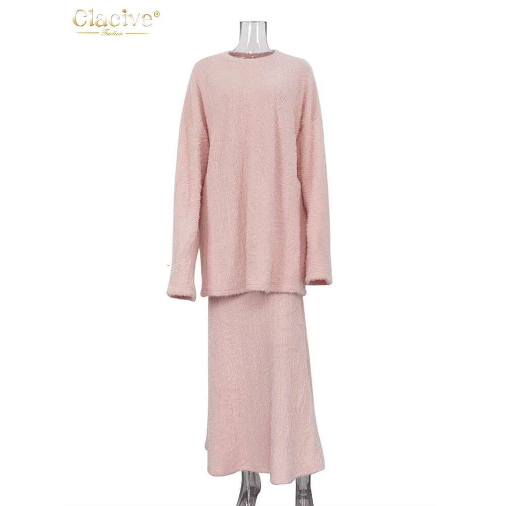 Clacive Casual Loose Pink 2 Piece Sets Women Outfit 2024 Elegant Long Sleeve Shirt With High Waist Ankle Length Skirt Set Female