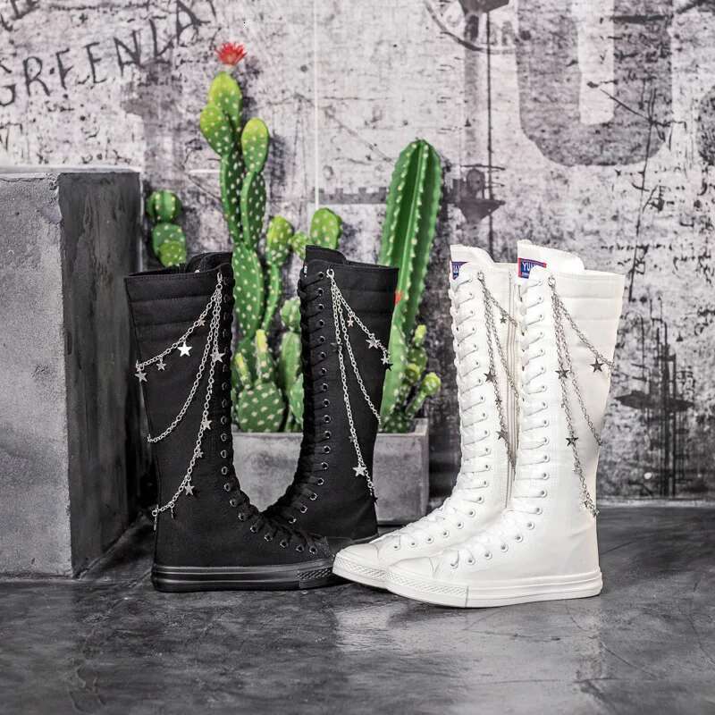 Spring long lace-up side zipper embroidered chain knee-length boots casual flat inner heightening large-size canvas women's shoe