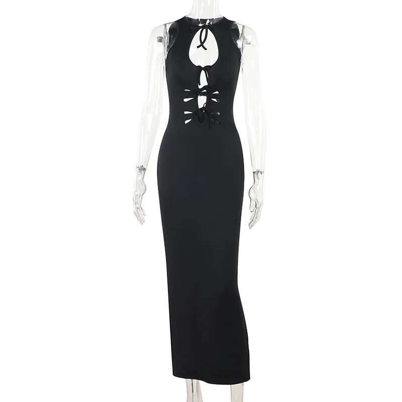 Dongdumaoyi Townlike Slim Bodycon Elegant Midi Long Dress Women Spring Summer Hollow Out Backless Nightclub Sexy Party Dresses
