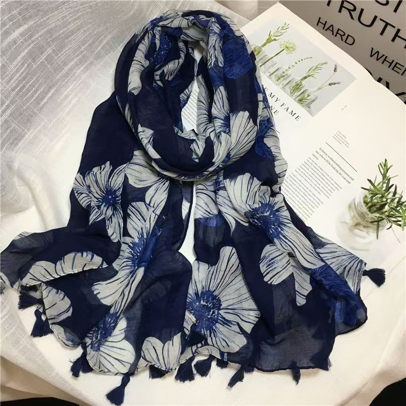 T554 scarf Korean version women's summer cotton and linen ethnic style all-match shawl large flower pattern long windproof beach towel