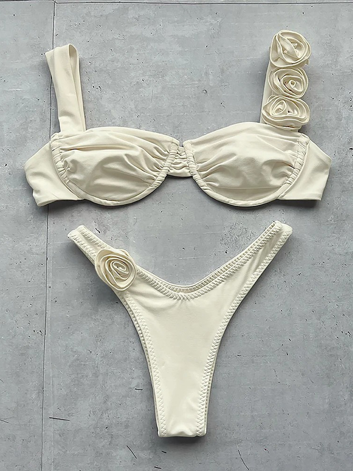 2025 Designer Summer Women's Swimsuit Solid Color Steel Bracelet 3D Flower Bikini Split Fold Texture Nylon Fabric Luxury Fashion Beach Wear Party