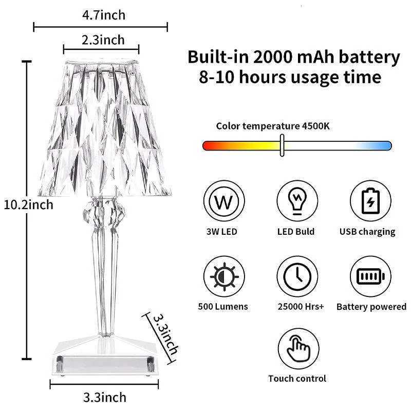 Portable Modern Acrylic Diamond Table Lamp with Crystal -Wireless Night Light for Bedroom Decor and Desk Use Including LampshadeM251125