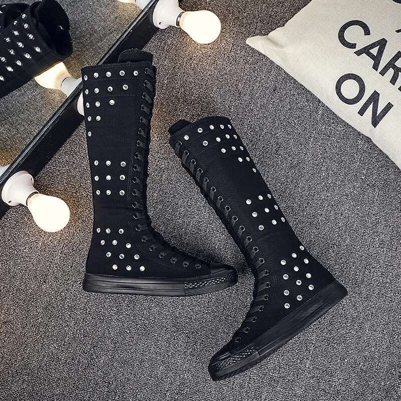 Spring new long rivet breathable hole front lace-up side zipper canvas shoes casual flat inner heightening large size women shoe