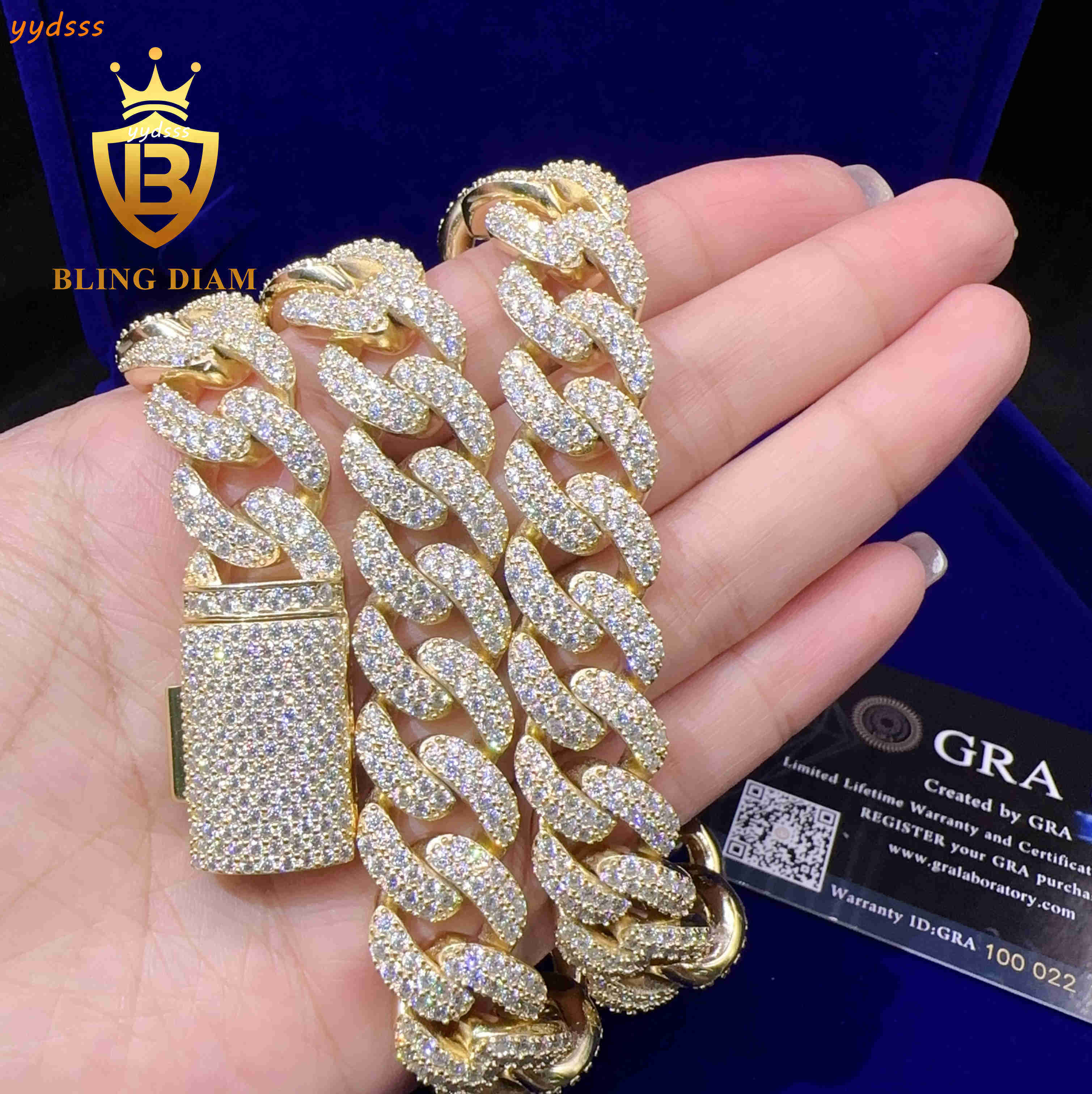Factory Price 15mm Iced Out Miami Hip Hop Chain 10k Gold Plated Silver VVS Moissanite Diamond Cuban Link Chain