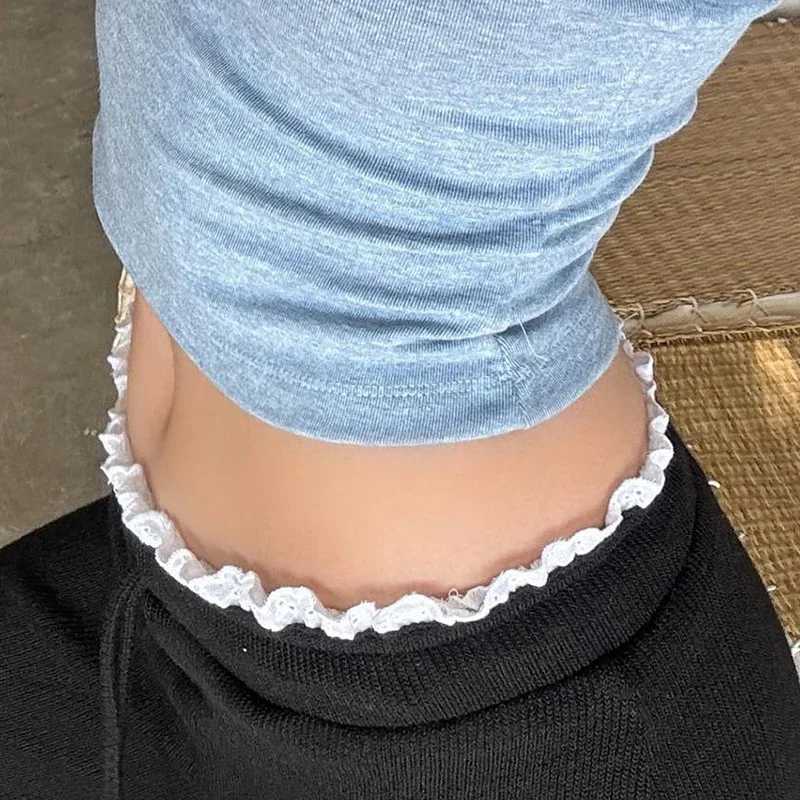 Y2K Sweet Contrast Ruched Lace up High Waist Flared Pants Womens Casual Slim Fit Elastic Sports Pants TrouserC250425