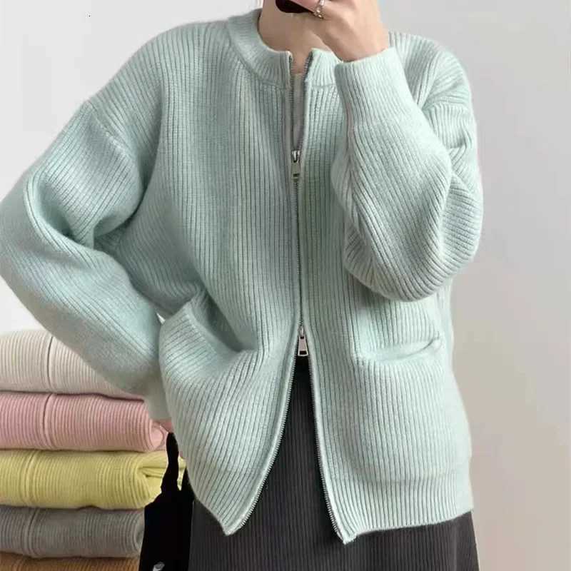 Womens Sweater Jacket Autumn Winter Retro Solid Color Double Zipper Knitted Cardigan Loose O Neck Oversized Sweaters for WomenT251125