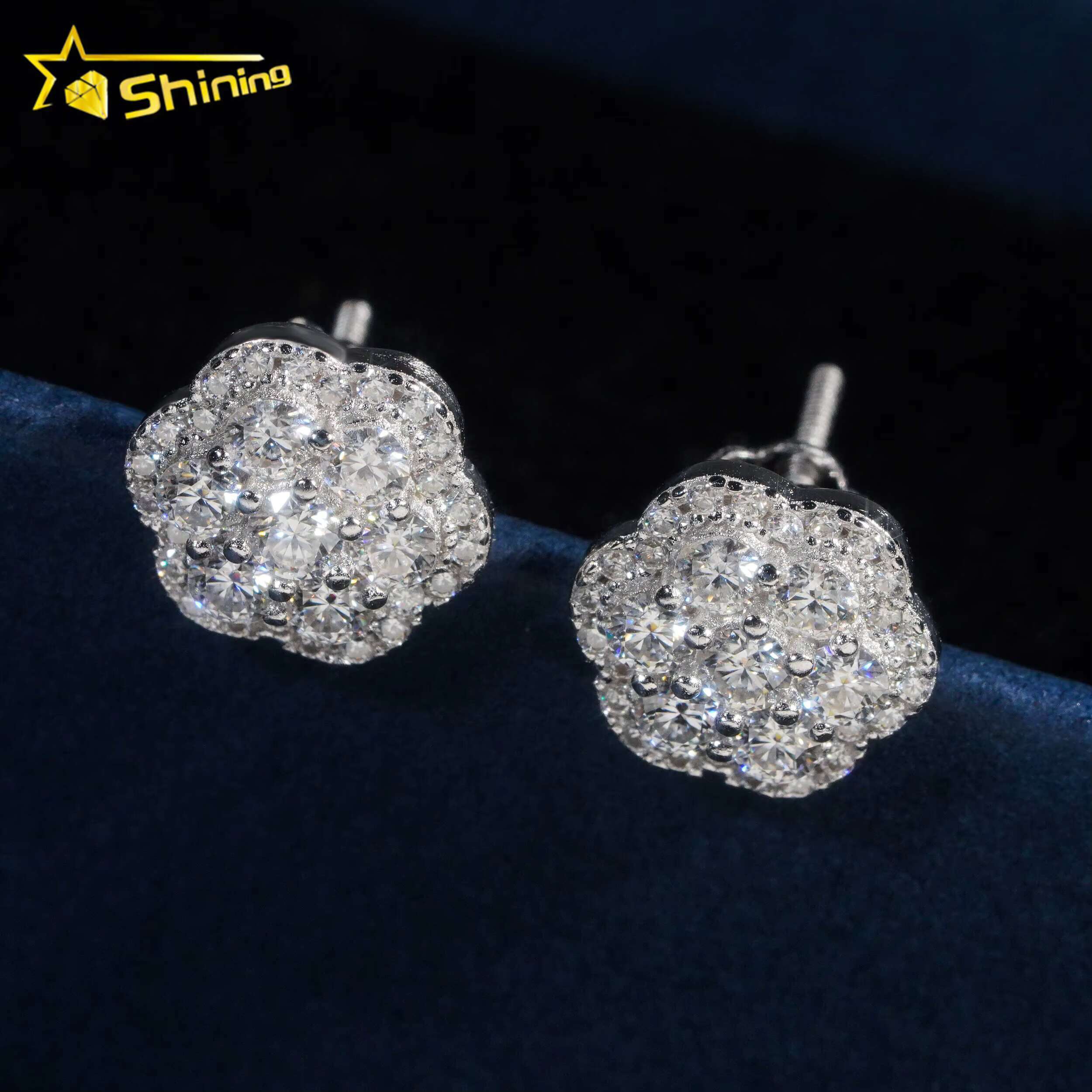 18K Gold Plated Flower Earrings Hip Hop Jewelry 925 Sterling Silver Cluster Moissanite Ear Studs Screw Back Pass Diamond Tester