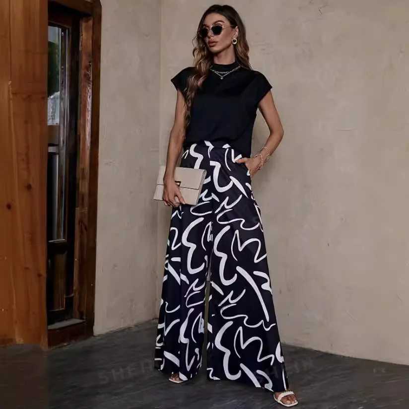 Casual Printed Wide Leg Pants for Womens Fashion Street High Waist Simple Pants for Womens Bohemian Loose Full Match Pants BlackC250425