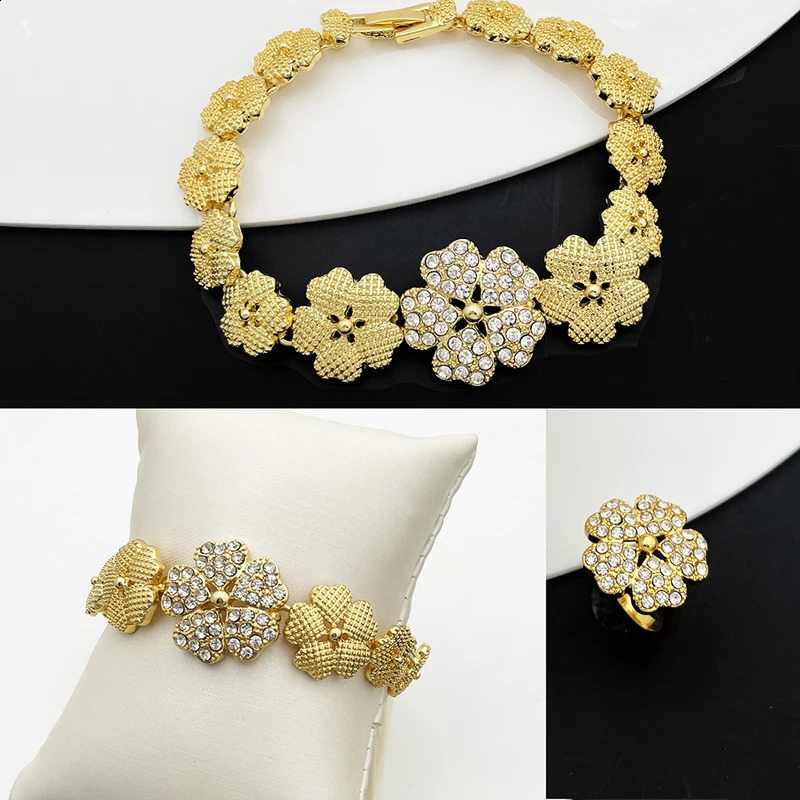 Dubai Nigeria Jewelry Sets For Women Five Petals Flower Pendant Necklace Earring Bracelet And Ring 250417