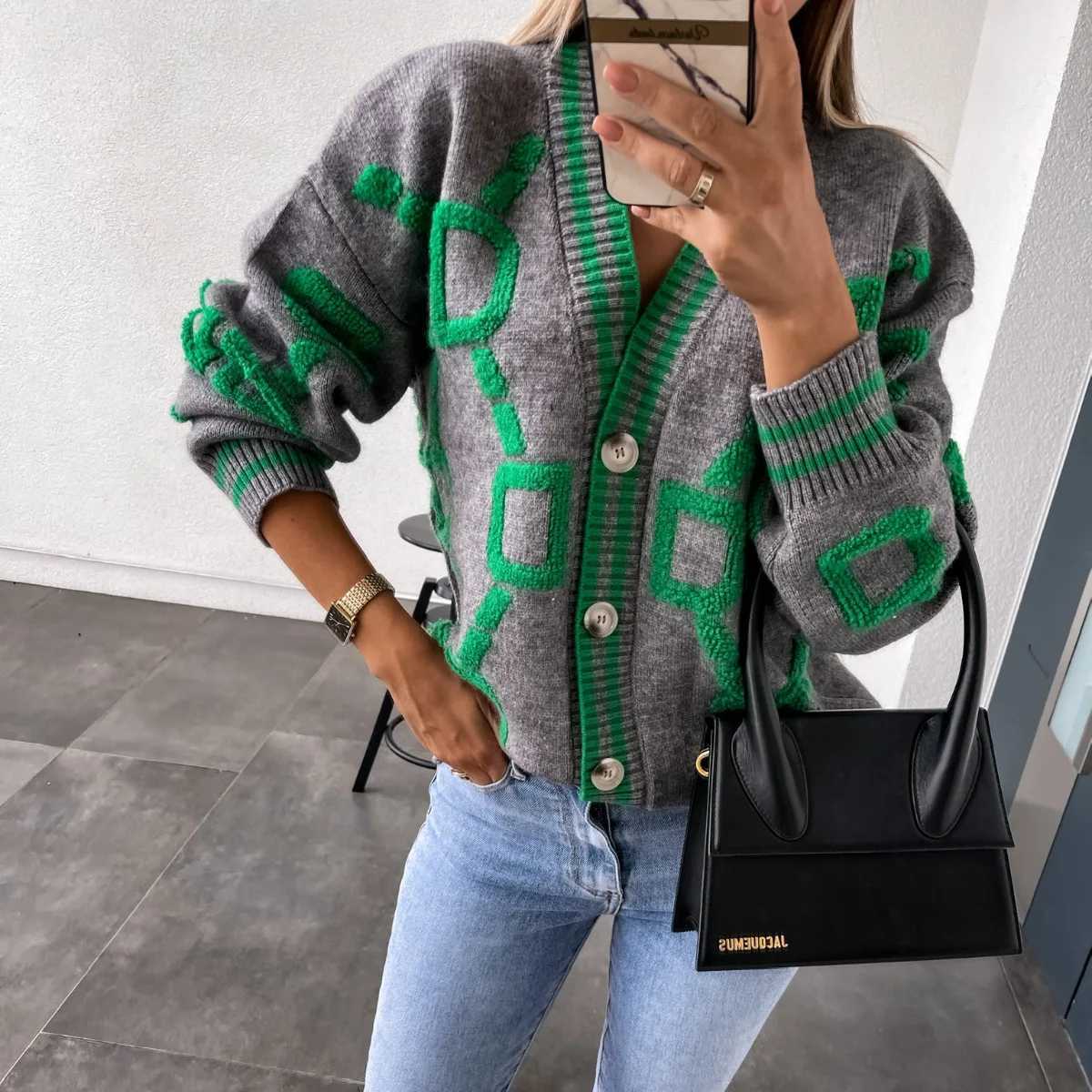 Cardigan Women Sweaters Knitted V Neck Full Sleeve Jumpers Y2k Streetwear Elegant Splice Knit Casual Open Stith Autumn WinterT251125