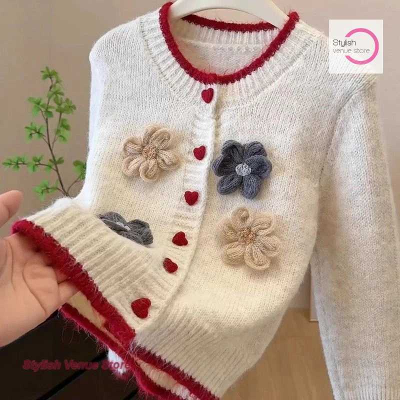 French style three-dimensional flower love button knitted cardigan womens autumn and winter new single-breasted sweater coatT251125
