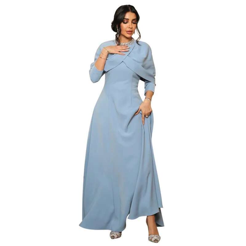 Dongdumaoyi Middle East Muslim Robe Abaya Fashion Neckline Inserted Beads Rhinestone Strip Shawl Collar Dress W