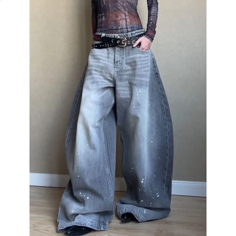 Grey womens jeans high waisted retro straight pocket streetwear American fashion casual wide leg 250417
