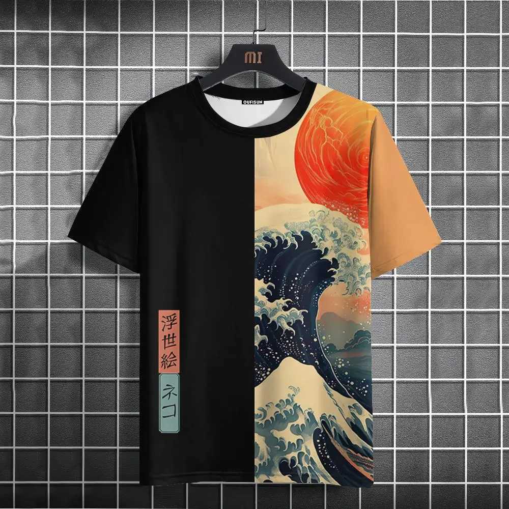 Japanese style mens T-shirt with ukiyo-e sea wave pattern printed T-shirt casual loose short sleeved T-shirt oversized mens top W250425