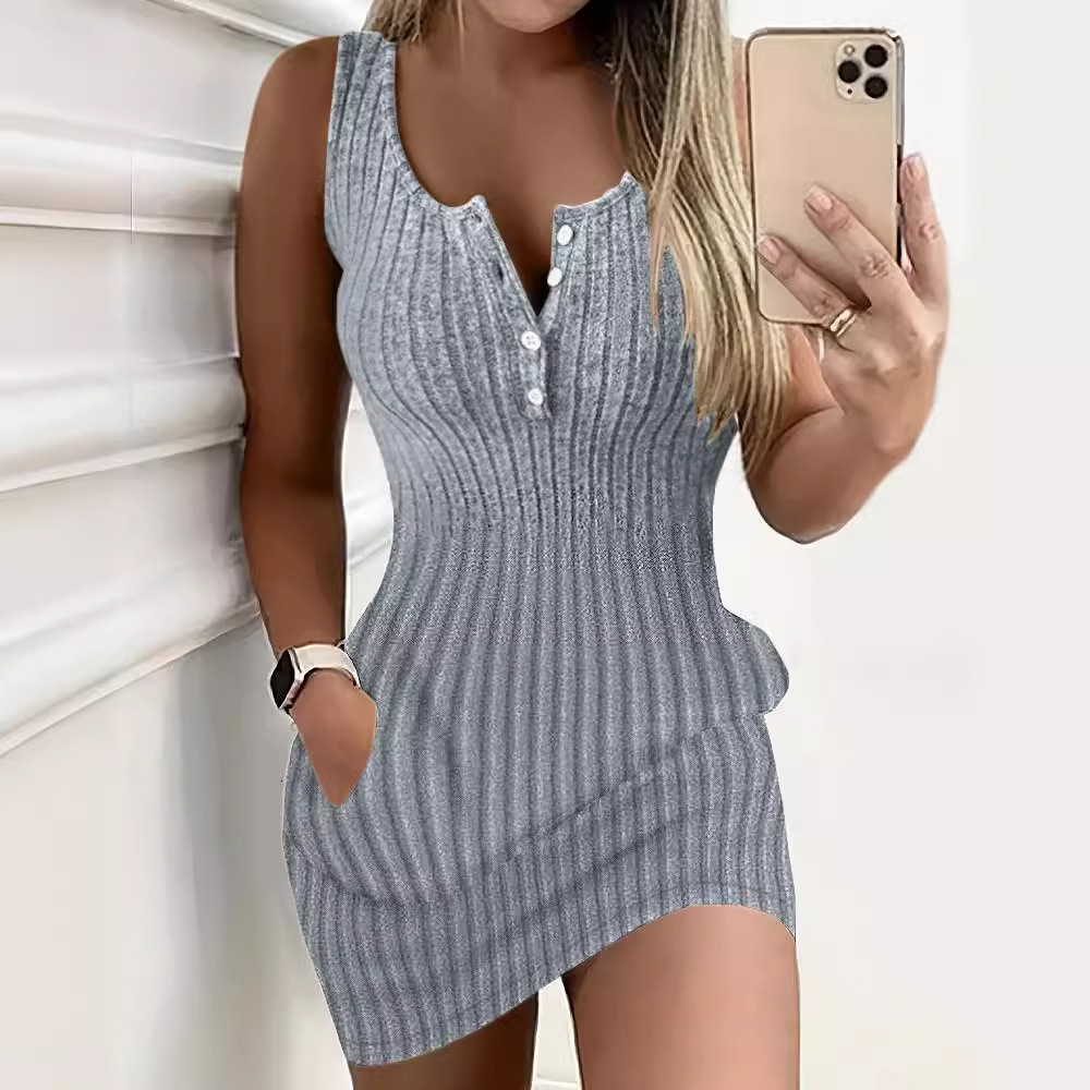 2024 New Summer Fashion Simple Solid Color Pit Strip Slimming Dress for Women