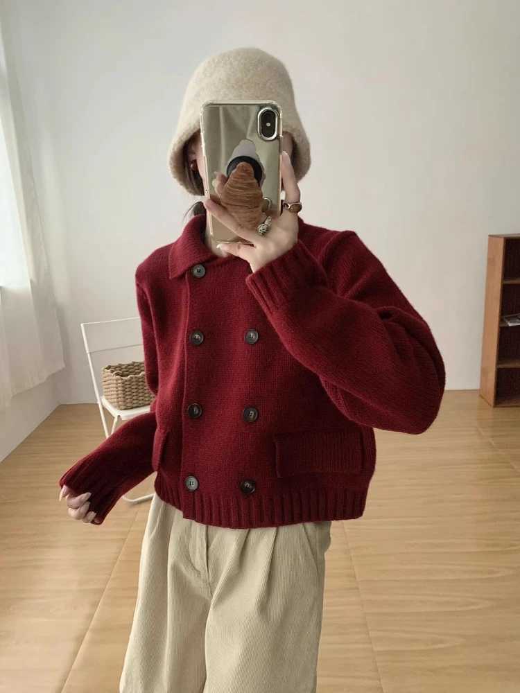 Womens Autumn Winter New Style Korean Outerwear Long Sleeve Warm Sweater Double-Row Button Solid Color Turndown Collar CardiganT251125