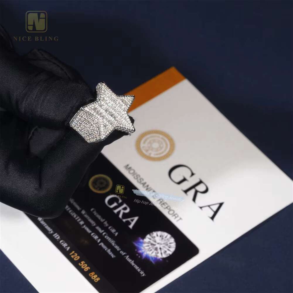 Luxury Fashion Jewelry 925 Sterling Silver VVS Baguette Moissanite Diamond Men Rings Hiphop Bling Iced Out Star Ring