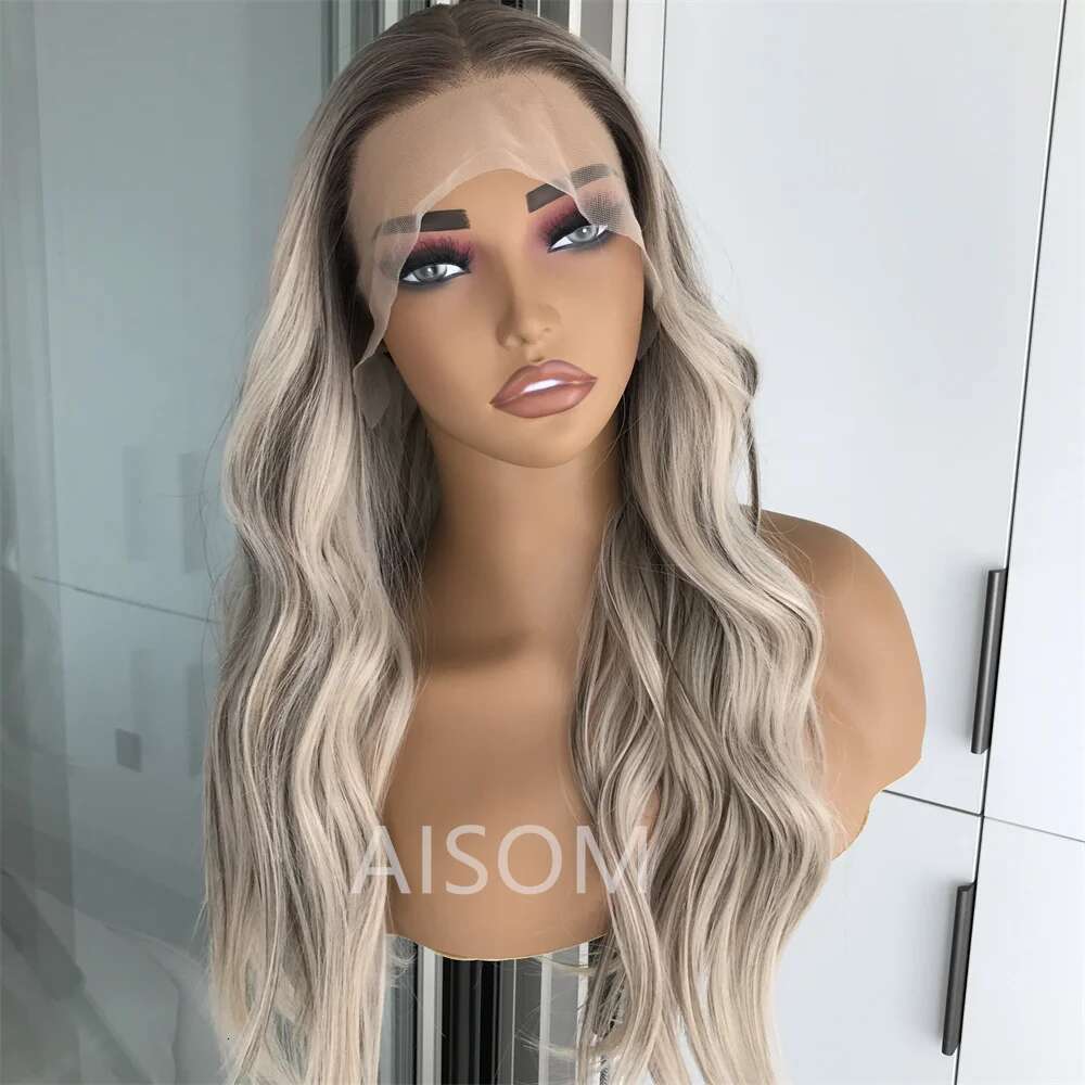 Highlight Ash Platinum Blonde Body Wave Synthetic Lace Front For Women Long Wavy Pre Plucked Heat Resistant Fiber Wig Daily