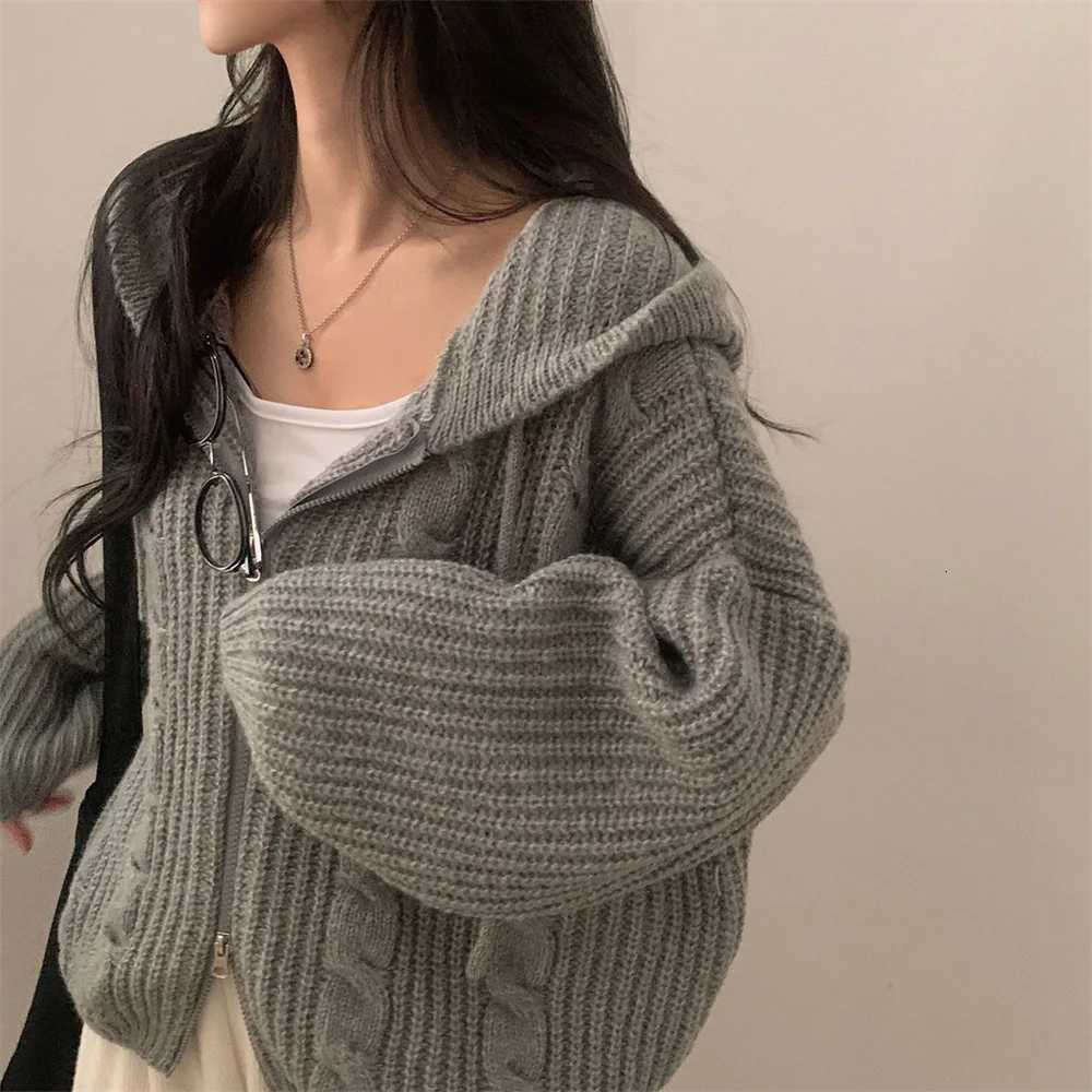 2025Autumn Winter Loose solid color Womens Thicken Twist Sweaters Cardigans Zip Up Lapel Collar Knitted Coat Casual TopsT251125