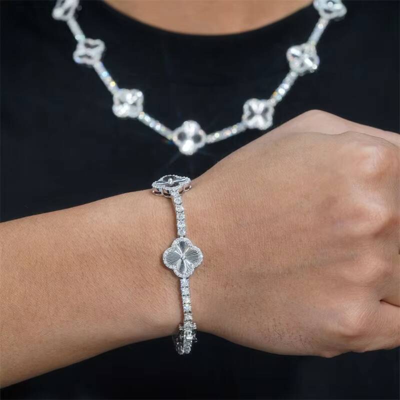 Stylish New Arrival 2024 3MM Clover Tennis Chain Necklace With Moissanite Diamond