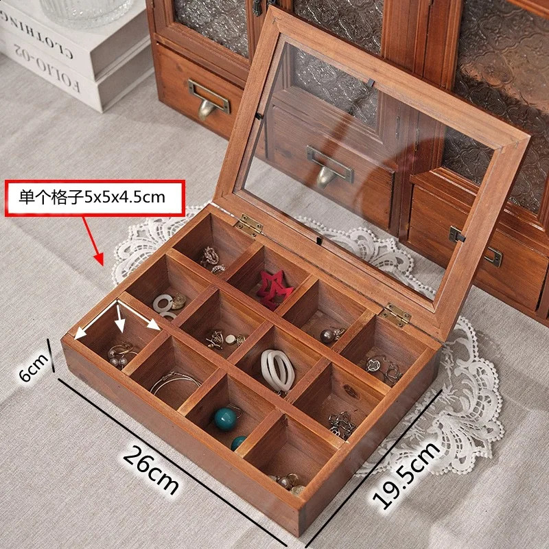 Vintage solid wood jewelry box Desktop storage box Wooden jewelry box play lattice storage box lattice glass cover wooden box 250424