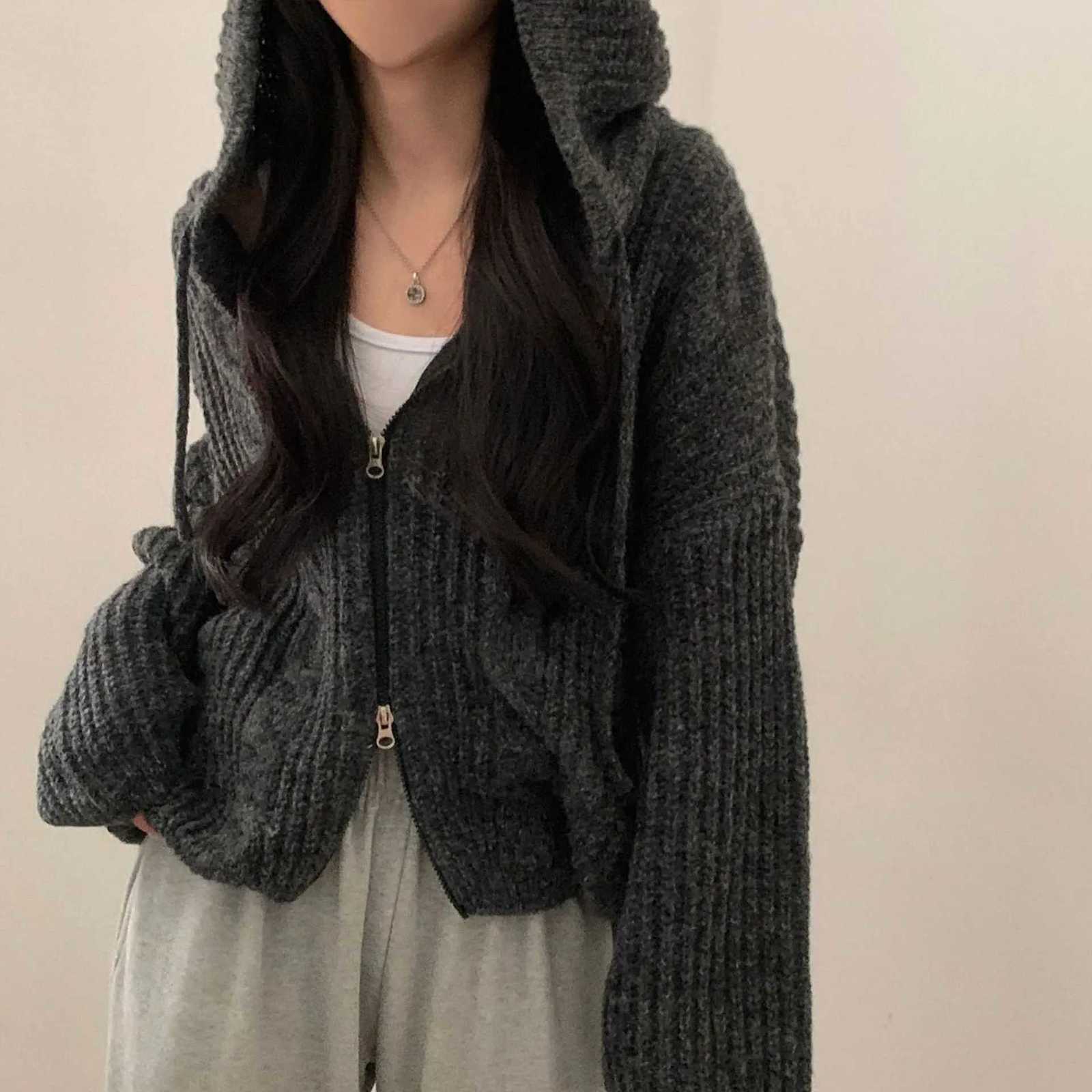 2025Autumn Winter Loose solid color Womens Thicken Twist Sweaters Cardigans Zip Up Lapel Collar Knitted Coat Casual TopsT251125