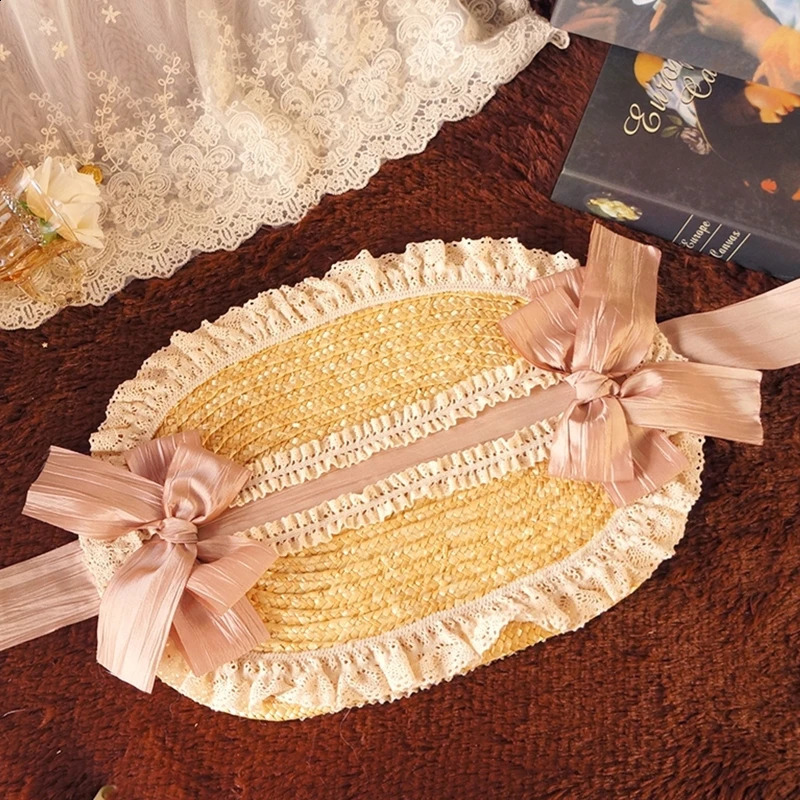 Pastoral Style Flat Top Hat Lace Flower Ribbon Straw Hat Lolita Hat Bonnet Hat French Hat All-match for Beach Vacation 250420