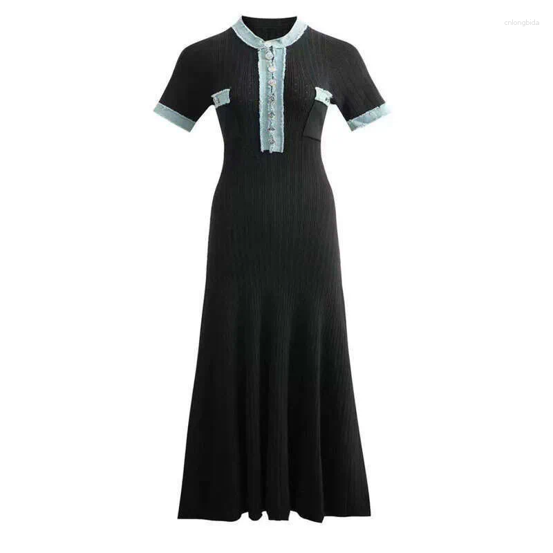 Basic & Casual Dresses Elegant V Neck Denim Patchwork Knit Maxi Fashion Short Sleeve Button Slim Dress Office Ladies Pocket Robe