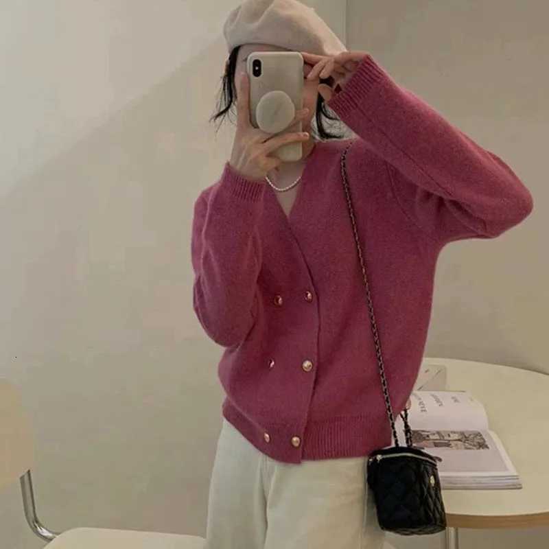 Womens Design Double-Breasted Cardigans Autumn Winter Loose Simple Sweater Outwear Woman Casual Solid Long Sleeves Knit JacketT251125