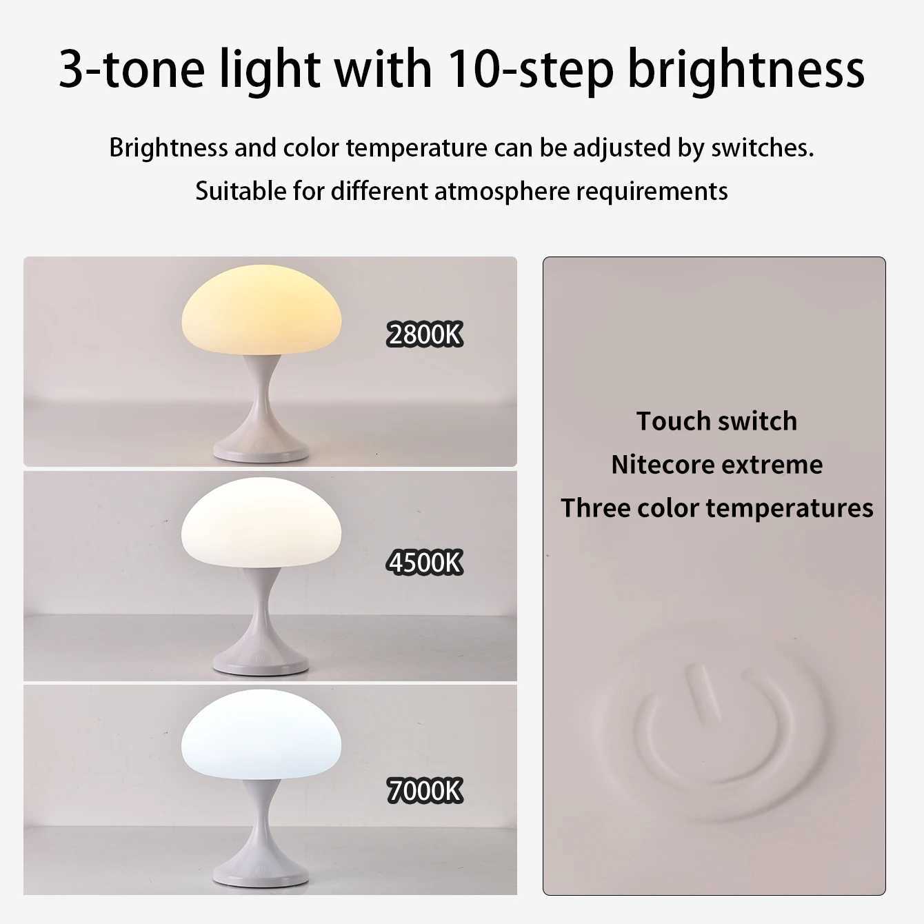 Mushroom table lamp bedroom bedside table with adjustable brightness 3 color changing lights rechargeable outdoor ambient lightM251125