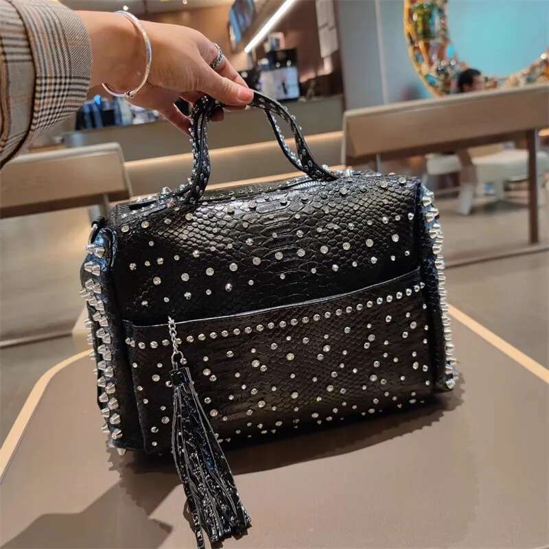 Spring and autumn rhinestone rivet soft leather leopard print handbag casual large-capacity one-shoulder cross-body women's bag