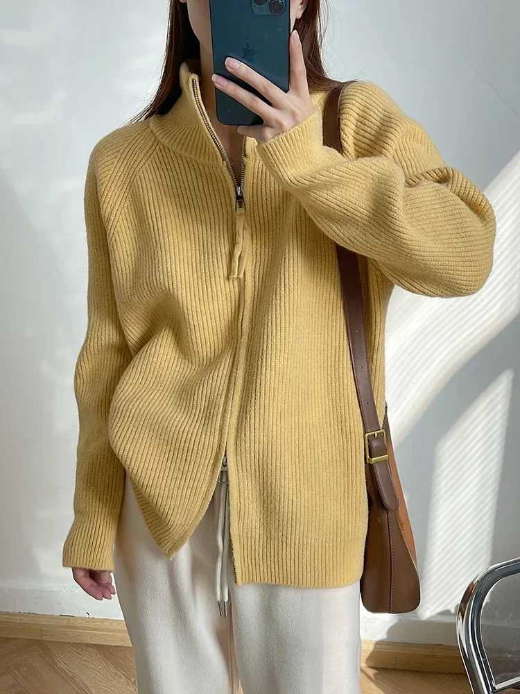 High-neck Sweaters for Women Autumn Winter Double-zipper Loose Oversized Knitted Jacket Female Solid Color Womens CardiganT251125