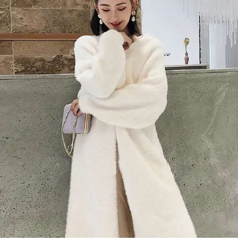 White Long Cardigan For Women 2024 New Winter Clothes Knitted Fluffy Long Sleeve Cashmere Sweater Coat Korean Style Warm Vintage