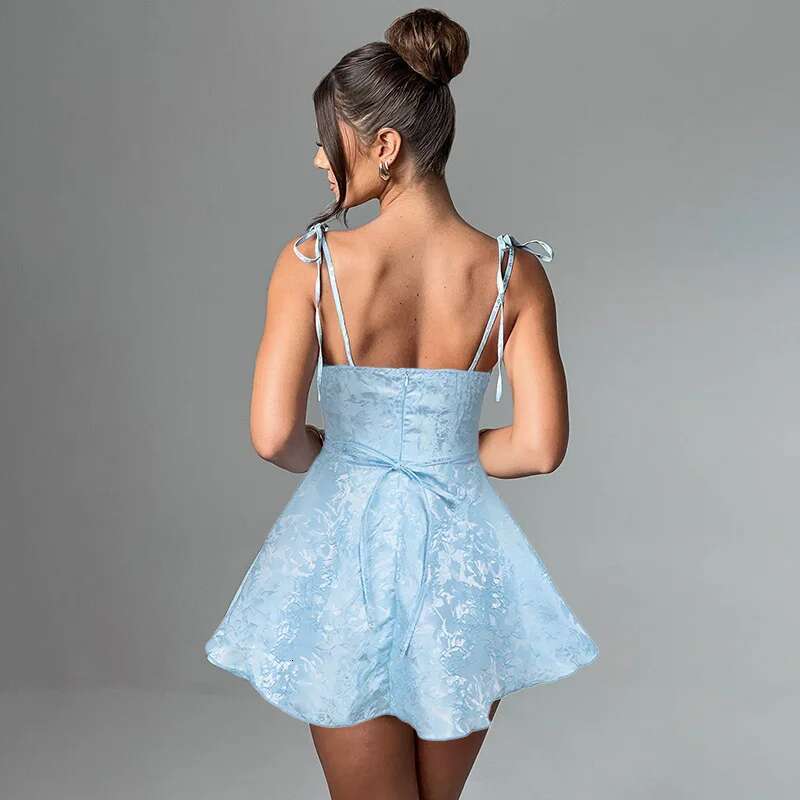 Dongdumaoyi Townlike Jacquard Waist Wrap A Line Dress Women Spaghetti Strap Mini Summer Backless Nightclub Sexy Party Dresses