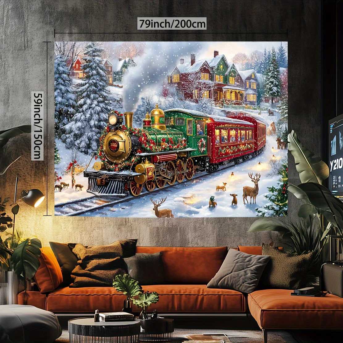 Glam Christmas Tapestry with Polar Express Train Snow Scene - Polyester Wall Hanging with Santa Reindeer Festive Decor SquarM251125