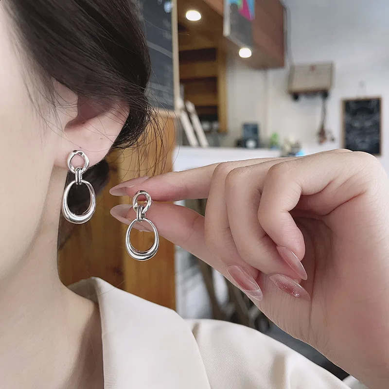 Original 925 sterling silver charm drop shaped double ring pendant earrings elegant womens drop punk earrings trend 250422