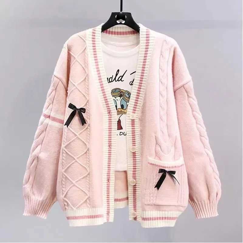 Sweet Bow Sweater Cardigans Women Y2K Aesthetic Contrast Color V-Neck Knitted Cardigan Kawaii Jk Single Breasted Sweaters CoatT251125