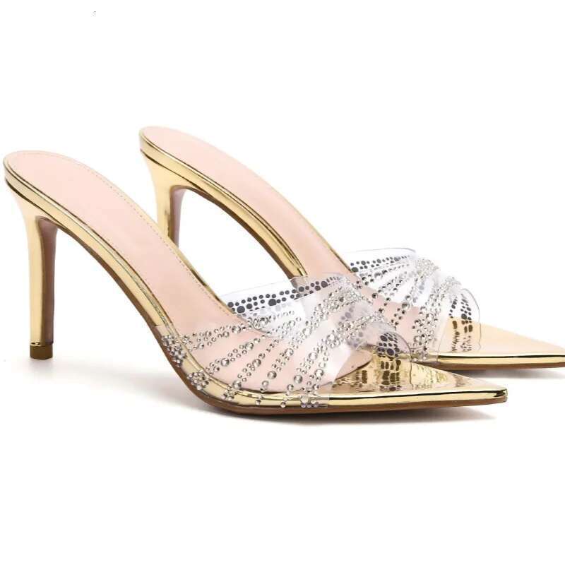 Summer new pointed fish mouth transparent PVC rhinestone fashion slippers thin high-heeled dress large size women's sandals