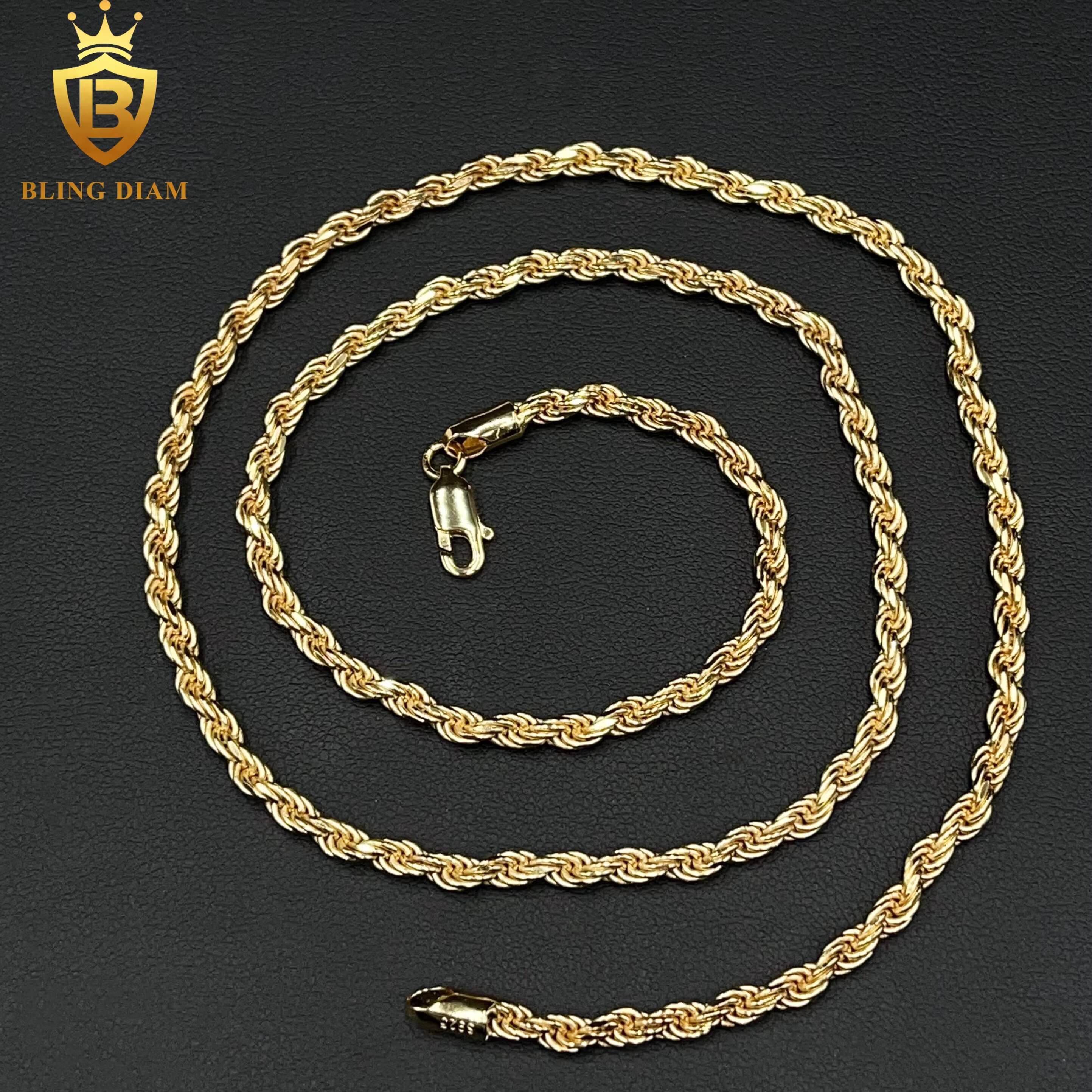 Wholesale 1.9mm-3.3mm Hip Hop Jewelry 925 Silver 14k 18K Gold Plated Franco Mens Rope Chain Necklace