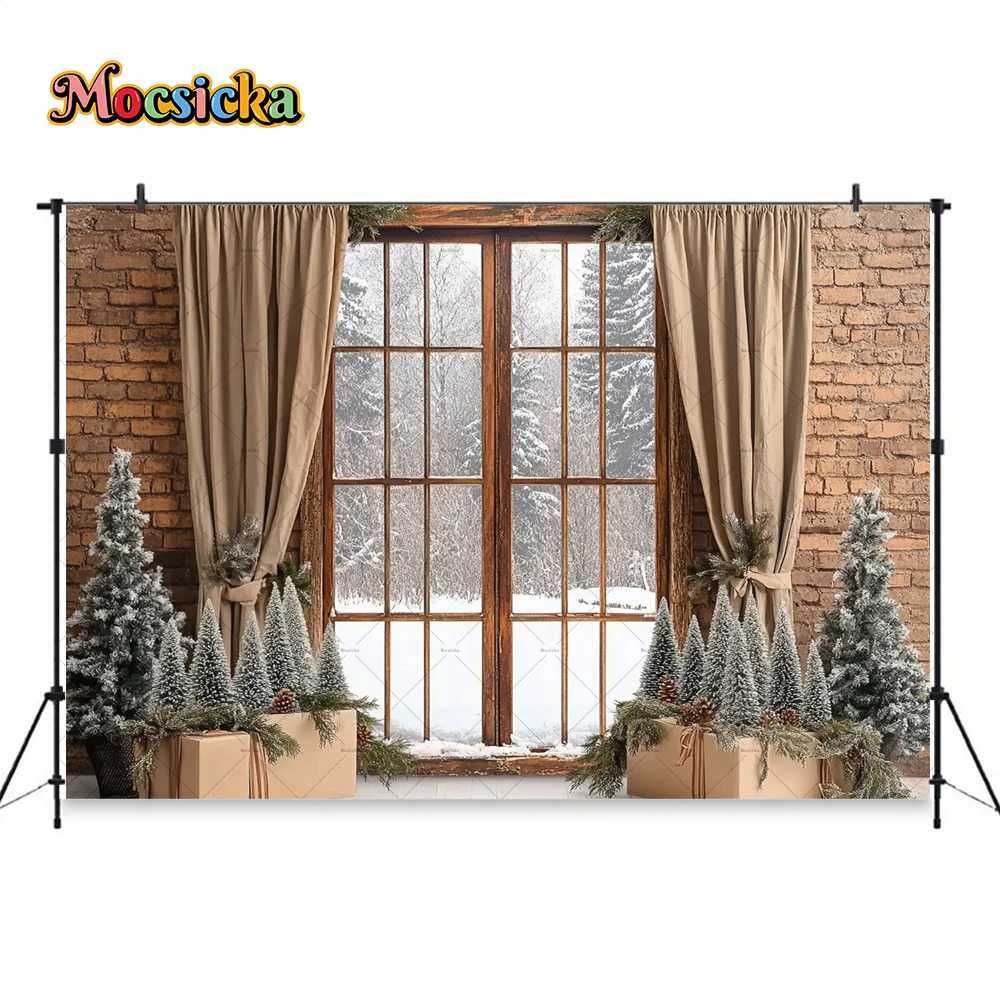 Christmas Room Window Background Photography Brown Curtains Brick Wall Xmas Tree Gift Backdrop Winter Family Indoor Photo StudioM251125