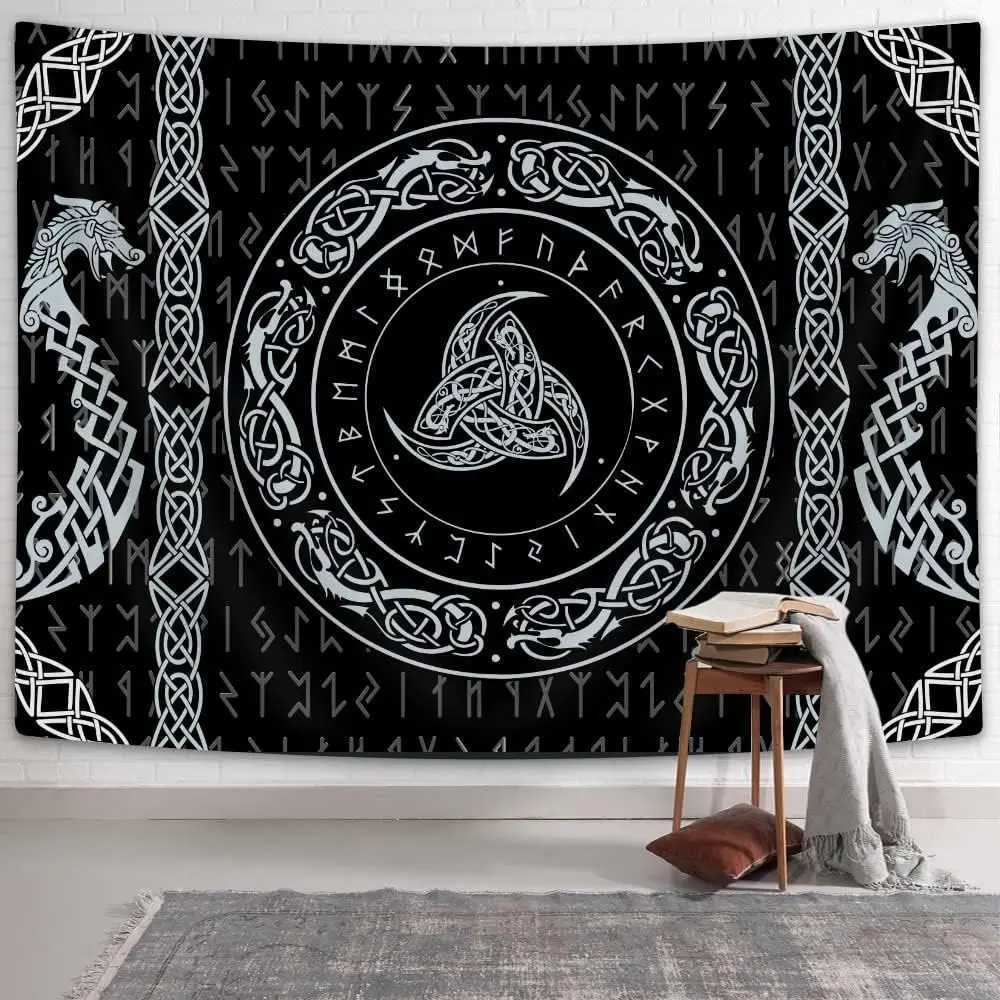 Viking Art Tapestry Raven Ancient Rune Dragon Totem Norse Mythology Tapestries Black White Mystical Geometric Norse MythologyM251125