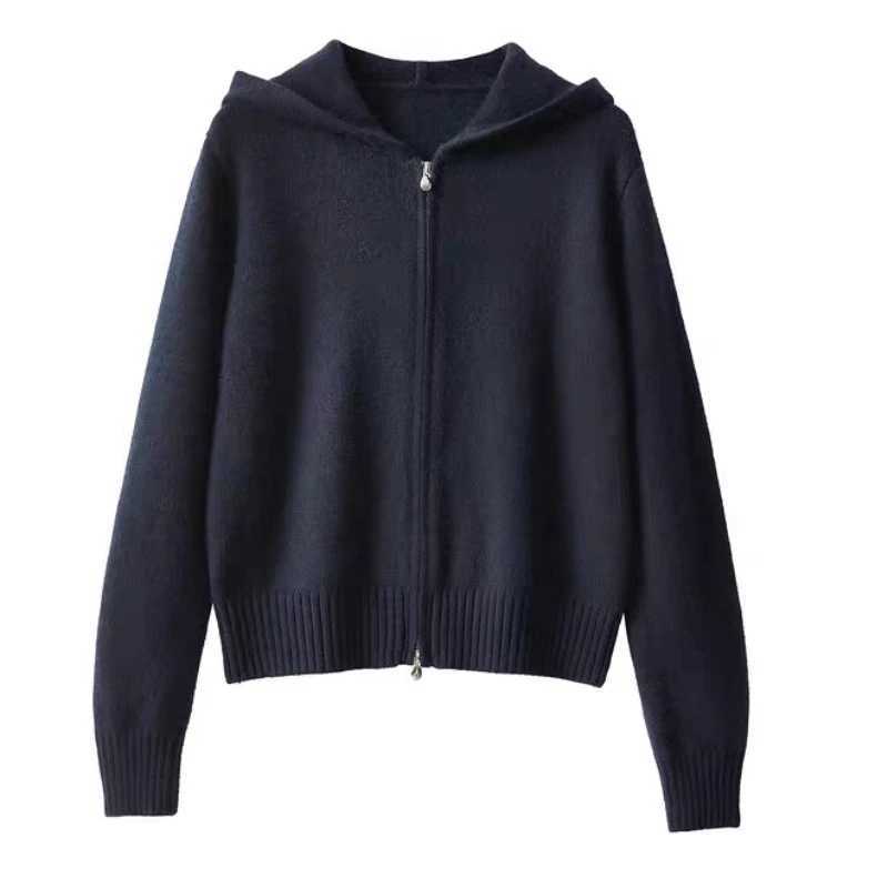 2025 Autumn Winter Solid Color Straight Coat New Fashion Double Zipper Hooded Knitted Top Cardigan Womens Long Sleeve SweaterT251125