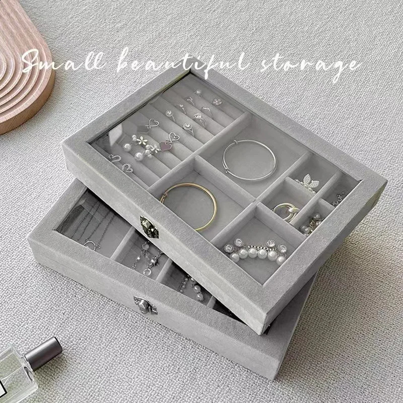 Velvet Glass Ring Earring Jewelry Display Organizer Box Storage Organizer Box Divider Soft Gray Velvet Ring Case Jewellery Tray 250424